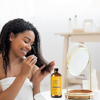 Zen Routine Organic Castor Oil (32oz Big Glass Bottle) Hexane Free – Hair Growth Oil, Eye Lashes & Stomach – Pure 100% Cold Pressed Unrefined Oil for Castor Pack – USDA Certified, Made in the USA