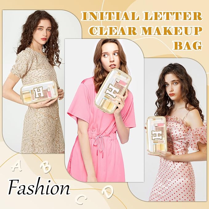 Personalized Initial Letter Clear Makeup Bag,Preppy Small Nylon&PVC Cosmetic Zipper Bag with Chenille Letter,Portable Beach Travel Skincare Toiletry Bag,Trendy Monogram Gift for Teen Girls Women,H