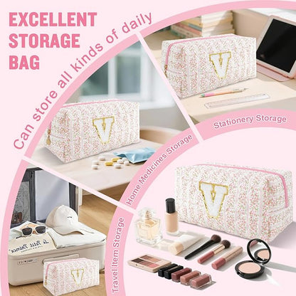 Personalized Quilted Cosmetic Bag, Puffy Monogrammed Christmas Birthday Gifts for Women & Girls, Cute initial Floral Makeup Bag Puffer Coquette Bag, Aesthetic Travel Toiletry Zipper Pouch(Pink,V)