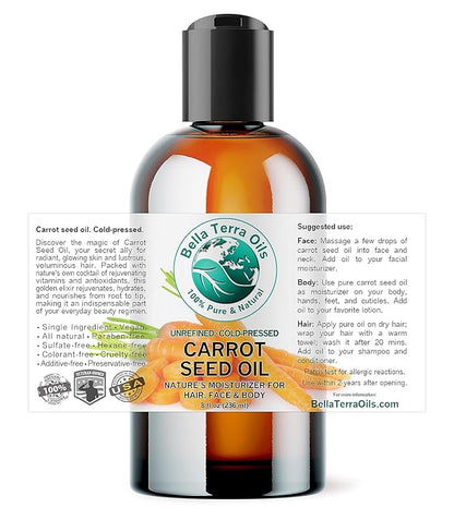 Bella Terra Oils - Organic Carrot Seed Oil 8 oz - Not Just for Tanning, Packed with Antioxidants, Cold-Pressed for Ultimate Skin Embrace & Natural Shine