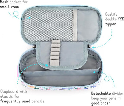 mibasies Girls Pencil Case for Kids, Multi-Slot Pencil Pouch, Floral Sky Blue
