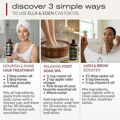 Ella & Eden Organic Castor Oil | Big 32oz Glass Bottle | Cold-Pressed, Hexane-Free, USDA Certified, Unrefined & 100% Pure - for Hair Growth