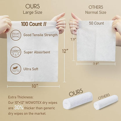Luxe Bamboo Towel Container (Bamboo Box Towel Holder) with Disposable Face Towels Biodegradable Large Dry Wipes 100 Count Extra Thick Soft Clean Facial Towels for Facial Cleansing