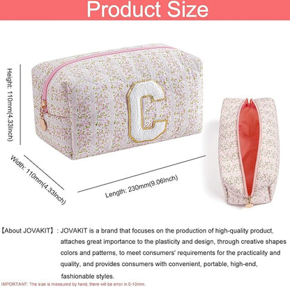 JOVAKIT Makeup Bag Cosmetic Bags for Women, Christmas Gifts for Girls Age 6-18, Alphabet Pink Floral Coquette Zipper Travel Makeup Pouch, Organizer Case Trendy Stuff (Pink+ Blue C)