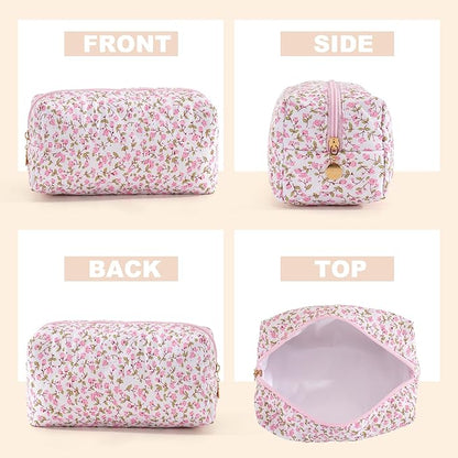 Makeup Bag Travel Toiletry Bag for Women, Small Cosmetic Bags Cute Quilted Cotton Makeup Pouch for Purse Emergency Bag for School Floral Pencil Case Accessory Bag, Pink