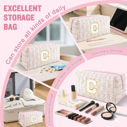 Personalized Quilted Cosmetic Bag, Puffy Monogrammed Christmas Birthday Gifts for Women & Girls, Cute initial Floral Makeup Bag Puffer Coquette Bag, Aesthetic Travel Toiletry Zipper Pouch(Pink,C)
