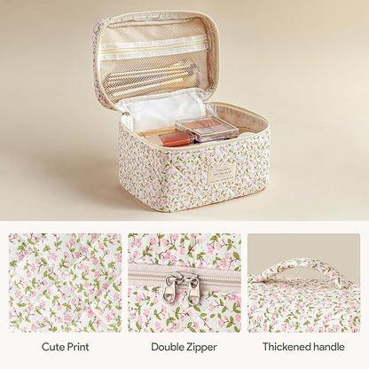 HBselect Quilted Makeup Bag, 3PCS Cotton Large Travel Makeup Bag, Cute Floral Coquette Make up Bag Cosmetic Bag Toiletry Bag for Women Girls