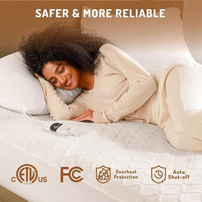 Queen Size Heated Mattress Pad - Degrees of Comfort Electric Bed Warmer with Dual Controllers, 6 Heating Levels, 10-Hour Auto Shut-Off, Breathable Air-Layer, 60"x80"