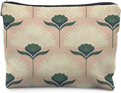 Vintage Boho Floral Pink Makeup Bag, Art Deco Floral Botanical Cosmetic Bags for Women, Boho Gifts for Women, Retro Mid Century Modern Art Zipper Makeup Pouch