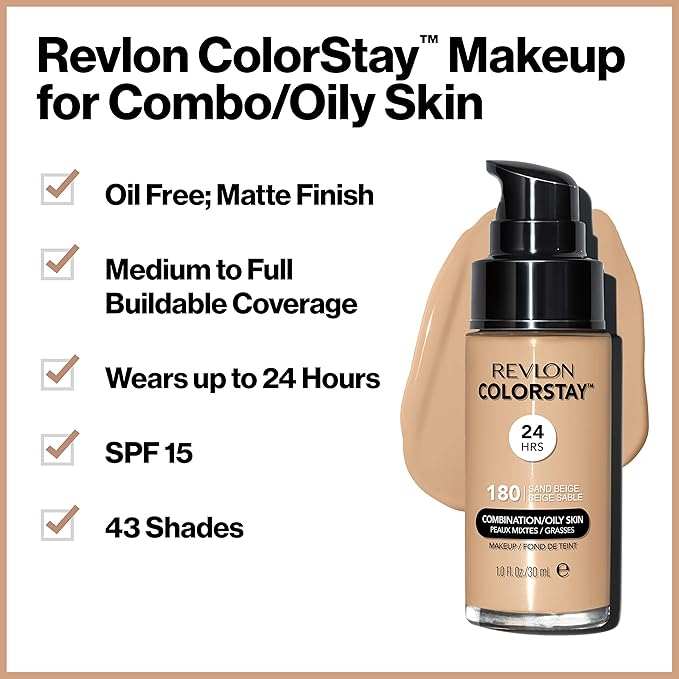 Revlon Liquid Foundation, ColorStay Face Makeup for Combination & Oily Skin, SPF 15, Medium-Full Coverage with Matte Finish, Walnut (500), 1.0 oz