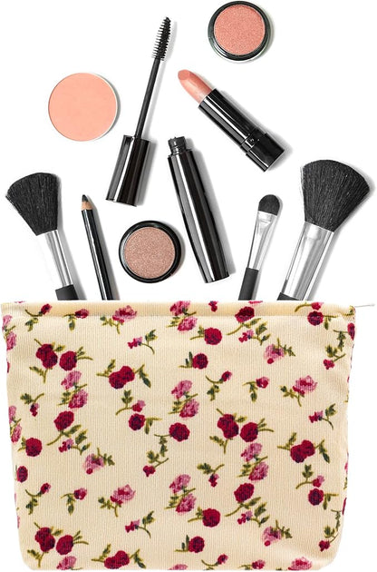 PAZIMIIK Makeup Bag Large Zipper Corduroy Make Up Pouch for Purse Travel Canvas Cosmetic Organizer for Women Brush Storage,Vintage Rose Beige