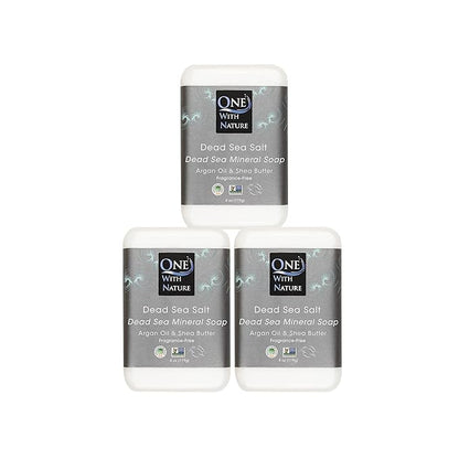 One With Nature Dead Sea Salt Soap 4oz 3-Pack – Purifying Soap Bar with Dead Sea Minerals for Face & Body, for Men & Women. Unscented.