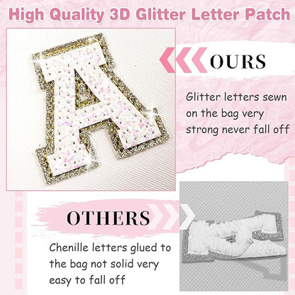 Small Initial Patch Makeup Bag Personalized Gifts Make Up Bag,White Cute PU Leather Glitter Letter Cosmetic Bag with Zipper,Trendy Portable Travel Toiletry Pouch,Preppy Stuff for Teen Girls Women P