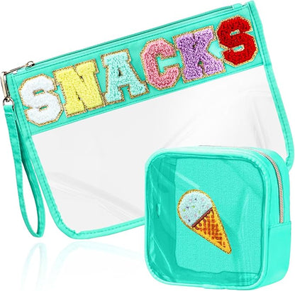 2 Pcs Snacks Bag Gifts Cosmetic Makeup Bag with Chenille Letter Patch, Clear Pouch PVC Organizer Purse, Waterproof Travel Bag, Portable Toiletry Storage Bag for Her Girls Friends Women