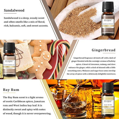 EUQEE 6PCS Spice Autumn Fragrance Oil Set, Scented Oils for Candle Making, Diffusers Aromatherapy Halloween Fragrance Oils for Diffuser & DIY Candles-Sandalwood, Harvest Spice, Bay Rum, Snickerdoodle