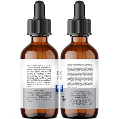Alozera Pure Hyaluronic Acid Serum with Stem Cells for Face & Neck, Deep Hydration Facial Moisturizer for Plumper & Smoother Skin, Concentrated Anti-Aging Serum, Day & Night