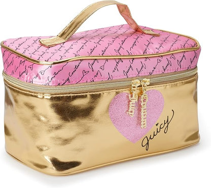 Juicy Couture Gold Pink Makeup Bag Cosmetics Organizer Travel Essentials Train Case Shiny Heart