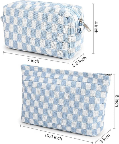 SOIDRAM 2 Pieces Makeup Bag Large Checkered Cosmetic Bag Capacity Canvas Mix Travel Toiletry Bag Organizer Cute Makeup Brushes Aesthetic Accessories Storage Bag for Women, Checkered Mix Blue