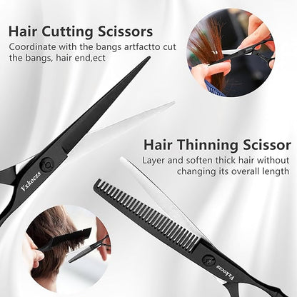 Professional Hair Cutting Scissors Set - 6.88” Japanese Stainless Steel Thinning Shears & Barber Scissors, Razor Edge Salon Shears with Adjustable Screw & Dismountable Ring for Home & Salon Use