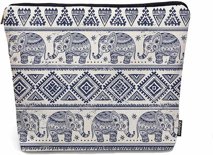 Elephant Cosmetic Bags For Women, Ethnic Geometric Elephant Roomy Makeup Bag Toiletry Bag Accessories Organizer Storage Bags Makeup Pouch For Travel Business Gym Camping Bathroom, Blue