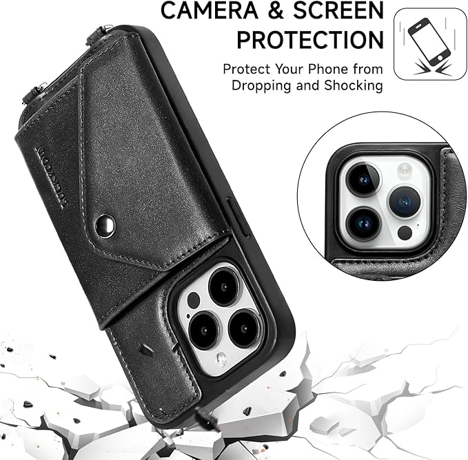 LUCKYCOIN Crossbody Wallet Phone Case for iPhone 14 Pro,100% Genuine Leather Wallet Phone Case with Expandable Flip Card Holder,Phone Purse for Women with Adjustable Removable Strap - Black
