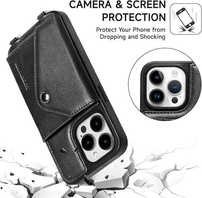 LUCKYCOIN Crossbody Wallet Phone Case for iPhone 14 Pro,100% Genuine Leather Wallet Phone Case with Expandable Flip Card Holder,Phone Purse for Women with Adjustable Removable Strap - Black
