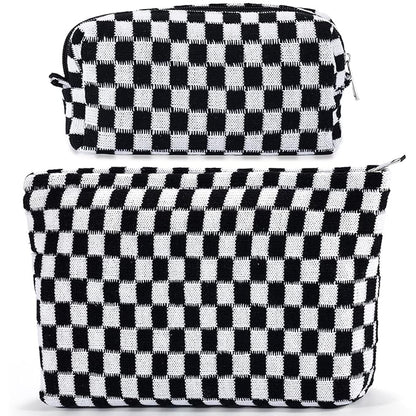 ZLFSRQ 2Pcs Checkered Makeup Bag for Women Large Small Checkered Cosmetic Bag Set Aesthetic Preppy Pencil Case Cute Pencil Pouch Black Makeup Pouch for Purse Travel Toiletry Bags Zipper Skincare Bags