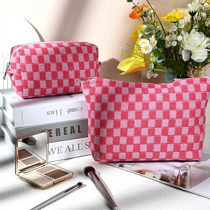 SOIDRAM 2 Pieces Makeup Bag Large Checkered Cosmetic Bag Capacity Canvas Mix Travel Toiletry Bag Organizer Cute Makeup Brushes Aesthetic Accessories Storage Bag for Women, Checkered Mix Rose Red