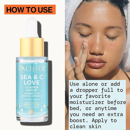 Pacifica Beauty Sea and C Love Vitamin C Serum, Skincare, Hyaluronic Acid, Green Tea, Marine Extracts, Blue Light Protection, Brightening, Lightweight, Face Care, Skin Care Serum, 1 fl oz (1 Count)
