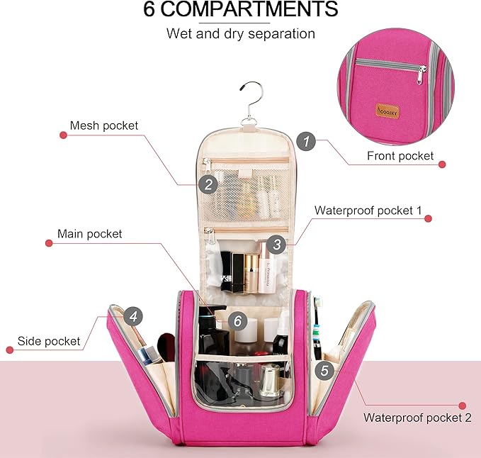 Hanging Travel Toiletry Bag for Women and Men, 6 Organizer Compartments, Extra Large Toiletries Bag, Bathroom Cosmetic Bag, Water-resistant Makeup Bag, Holds Full-Size Shampoo, Rose Red