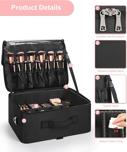 Relavel Extra Large Cosmetic Case, Travel Makeup Bag with 4 Clear Pouches & Lipstick Plate, Portable Cosmetic Case Storage Organizer Box for Makeup Artists with Shoulder Strap & Adjustable Dividers
