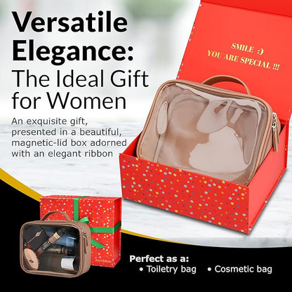 Cosmetic Bag Set - Premium Quality Travel Makeup Bag w/Clear Transparent Front, Best Gift for Travel - 3pcs Gift Set, Large & Small Makeup Bags & Portable Mirror in a Beautiful Gift Box (Nude)