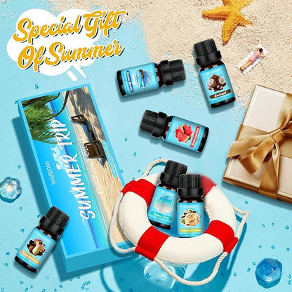 Summer Fragrance Oils Set, Premium Essential Oils for Diffuser, Natural Aromatherapy Oils for Soap Candle Making - Ocean Breeze, Coconut, Pina Colada, Watermelon, Vanilla Ice Cream, Aqua Kiss