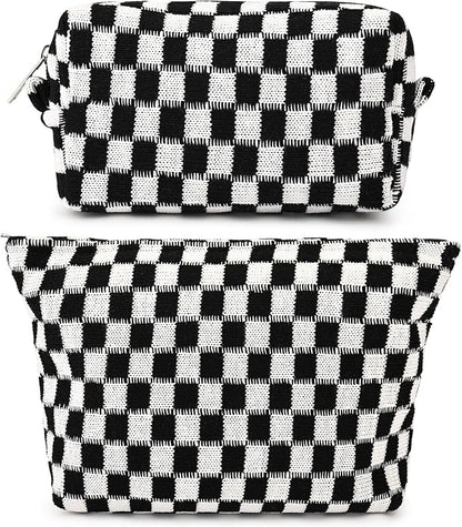 SOIDRAM 2 Pieces Black Makeup Bag Large Checkered Cosmetic Bag Capacity Canvas Mix Travel Toiletry Bag Organizer Cute Makeup Brushes Aesthetic Accessories Storage Bag for Women, Checkered Mix Black