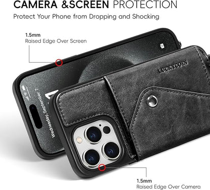 LUCKYCOIN Crossbody Wallet Phone Case for iPhone 15 Pro,100% Genuine Leather Wallet Phone Case with Expandable Flip Card Holder,Phone Purse for Women with Adjustable Removable Strap - Black