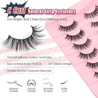 False Lashes Wispy Eyelashes Natural Look 15MM Fake Eyelashes 0.1MM Thin Band Strip Lashes Lightweight False Eyelash 3D Volume Fluffy Eye Lash C Curl Soft Siligli 7 Pair