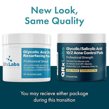QRxLabs Glycolic/Salicylic Acid 10/2 Acne Control Pads with 10% Ultra Pure Glycolic + 2% Salicylic Acid, Allantoin, Vitamins B5, C & E, Calendula Green Tea - Most Effective Treatment Clear Skin - 2PK