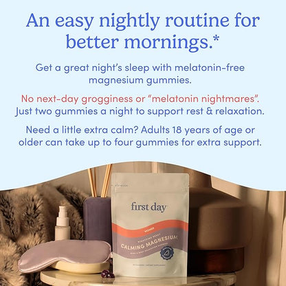 First Day Women’s Nighttime Reset Calming Magnesium Gummies – Sleep Aid Supports Peaceful Rest, Balanced Mood & Energy – Supplement with Magnesium Citrate, L-Theanine & No Melatonin – 30-Day Supply
