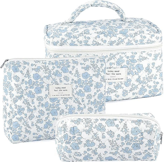 3Pcs Makeup Bag Quilted Cosmetic Bag Set Bow Travel Large Makeup Pouch for Women Cute Portable Cotton Toiletry Bag Skincare Organizer Coquette Vintage Travel Essential