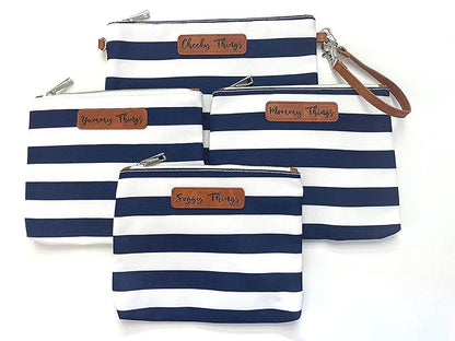 Stylish Diaper Bag Organizing Pouches - XL Set of 4 Navy and White Striped Canvas Diaper Bag Pouches with Leather Embossed Labels, Leather Wristlet Strap & Durable Metal Zippers