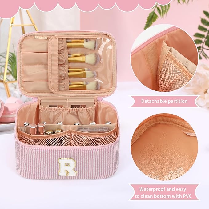 OCHEAL Makeup Bag for Women, Monogram Cosmetic Bag with Brush Holder, Pink Travel Makeup Case Beauty Toiletry Bag Organizer Personalized Gifts for Girls Bridesmaid, Sister, Wife, Friends Initial R
