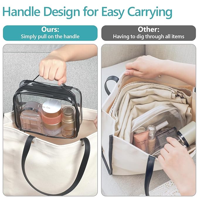 PACKISM Clear Makeup Bag - 2 Pack TSA Approved Toiletry Bag with Handle and 180° Large Opening, Clear Toiletry Bag Fit Carry-on Travel Essential, Travel Bags for Toiletries, Black