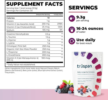 TruSpan Daily Longevity Complex Creatine Powder, with Essential Amino Acids, Sugar Free, Berry Fusion Flavor, 30 Servings
