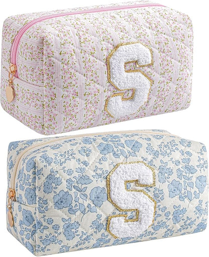 JOVAKIT Makeup Bag Cosmetic Bags for Women, Christmas Gifts for Girls Age 6-18, Alphabet Pink Floral Coquette Zipper Travel Makeup Pouch, Organizer Case Trendy Stuff (Pink+ Blue S)