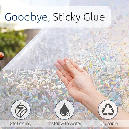rabbitgoo Window Privacy Film Rainbow Film Decorative Window Sticker, 3D Static Stained Glass Cling Tint for Home Heat Control Non-Adhesive, 23.6 x 78.7 inches