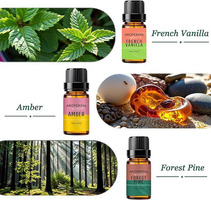 WOODSHOP Fragrance Essential Oil Set - French Vanilla, Amber, Forest Pine, Fresh Cotton, Fresh Cut Grass, Sandalwood 6x10ML for Diffusers, Massage, Perfume, Soap Making and Candle