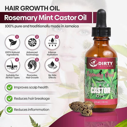 Dirty Treasures Rosemary Mint Castor Oil for Hair Growth and Scalp Treatment | Jamaican Black Castor Oil Hair Growth Oil (4 Ounce)