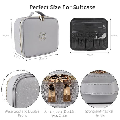 MOMIRA Travel Makeup Bag Cosmetic Bag Makeup Organizer Bag with Lighted Mirror, Adjustable Brightness in 3 Color Scenarios, Waterproof Makeup Train Case, Gift for Women - Grayish