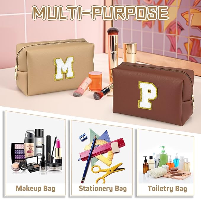 TOPEAST Small Makeup Bag Initial Cosmetic Bag Travel Toiletry Bag, Personalized Birthday Gift for Mom Sister Friends Teacher Nurse, Preppy Travel Stuff for Girls (Khaki O)