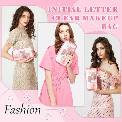 Personalized Initial Letter Clear Makeup Bag,Preppy Small Nylon&PVC Cosmetic Zipper Bag with Chenille Letter,Portable Beach Travel Skincare Toiletry Bag,Trendy Monogram Gift for Teen Girls Women,T